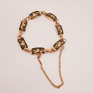 Damascene Etched Link Panel Bracelet 6" Black & Gold Etched with Safety Chain